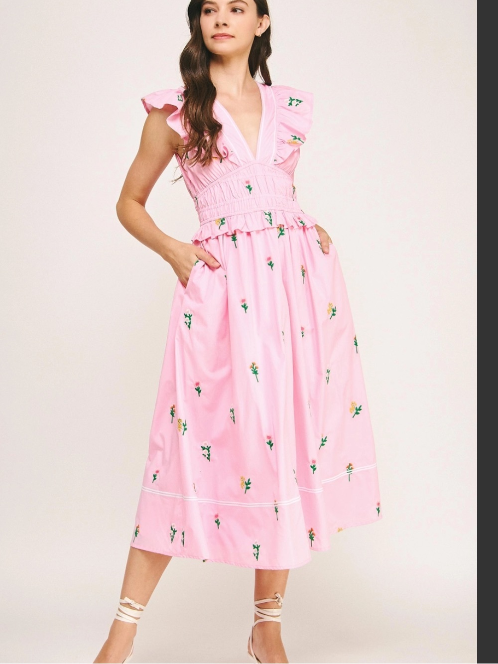 Floral Pink Midi Dress with Ruffle Shoulders